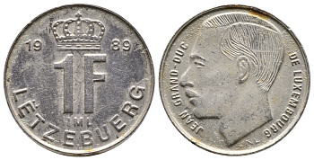 ЛЮКСЕМБУРГ 1 ФРАНК 1989 ЖАК (1964-2000) KM 63 никелированная сталь 179-1044