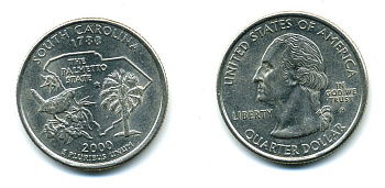 США 25 центов = квотер 2000 P, серия штаты США, Южная Каролина KM 307 медь плакированная медно-никелем 46-1435