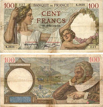 ФРАНЦИЯ 100 ФРАНКОВ 1939 26 ОКТЯБРЯ 1939 Pick 94 бумага 7548-59-2-2