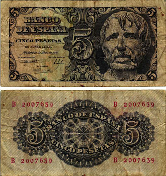 ИСПАНИЯ 5 ПЕСЕТ 1947 12 АПРЕЛЯ 1947, СЕНЕКА Pick 134а бумага 6352-41-2-2