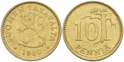 ФИНЛЯНДИЯ 10 ПЕННИ 1980 K KM 46 алюминиевая бронза UNC 3718-138