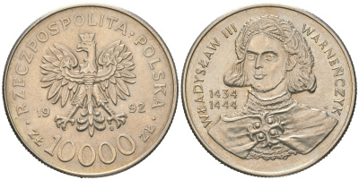 Польша 10000 злотых 1992 MW, серия польские короли, Владислав III Тонконогий (1434-1444) KM 246 медно-никель BUNC 4512-1023
