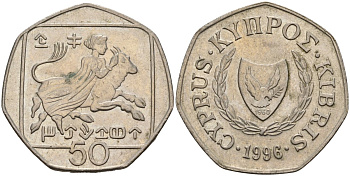 Кипр 50 центов 1996 похищение Европы KM 66 медно-никель 4141-1243