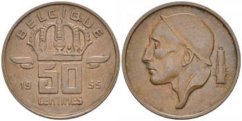 БЕЛЬГИЯ 50 САНТИМОВ 1955 BELGIQUE KM 144 бронза 214-755