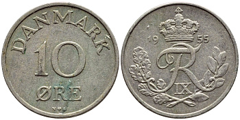 ДАНИЯ 10 ЭРЕ 1955 N; S, ФРЕДЕРИК IX (1947-1972) KM 841.1 медно-никель 4398-921