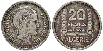 Алжир, Французский 20 франков 1949  KM 91 медно-никель 51-1841