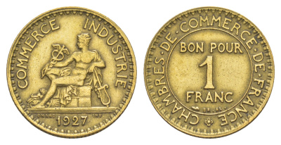 Франция 1 франк 1927 KM 876 алюминиевая бронза 4539-842