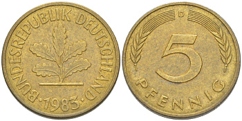 ФРГ 5 ПФЕННИГОВ 1983 D KM 107, J. 382 сталь плакированная латунью 4181-1018
