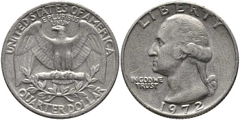 США 25 центов (квотер) 1972 Вашингтон KM 164а медь плакированная медно-никелем 113-531