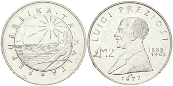 Мальта 2 лиры 1977 Луиджи Прециози KM 46 серебро BU 4044-1344