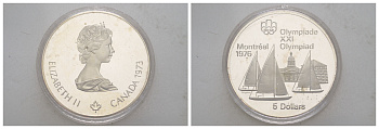 Канада 5 долларов 1973 XXI летние Олимпийские Игры, Монреаль 1976 - Яхтинг в Кингстоне KM 84 серебро PROOF 11-269-13