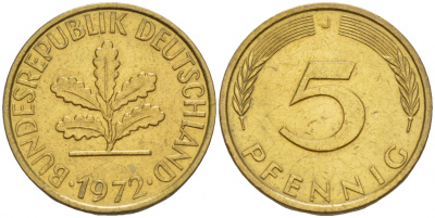 ФРГ 5 ПФЕННИГОВ 1972 J KM 107, J. 382 сталь плакированная латунью 4532-1249