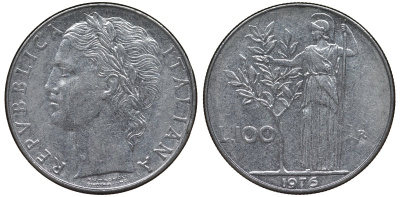 Италия 100 лир 1976 R, Афина в доспехах KM 96.1 нержавеющая сталь 4123-1234