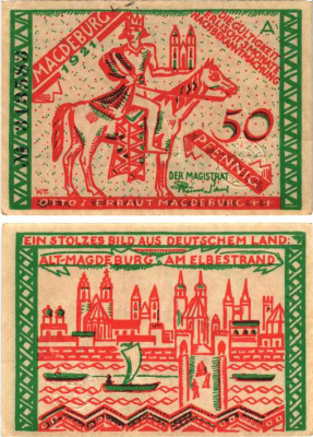 МАГДЕБУРГ 50 ПФЕННИГОВ 1921 НОТГЕЛЬД, ЗЕМЛЯ НИЖНЯЯ САКСОНИЯ-АНХАЛЬТ, БУКВА А Grabowski 857.1 бумага 8604-46-3-1