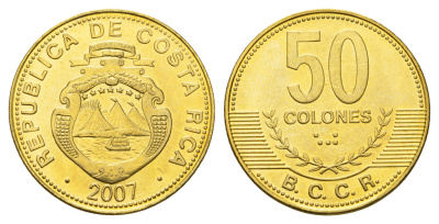 Коста-Рика 50 колонов 2007 KM 231.1b сталь плакированная латунью UNC M84-11