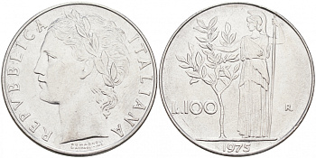 ИТАЛИЯ 100 ЛИР 1975 R, АФИНА KM 96.1 нержавеющая сталь 3855-816