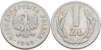 ПОЛЬША 1 ЗЛОТЫЙ 1949 KM 45а алюминий 4448-551