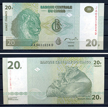 ДР Конго 20 франков 2003 львы Pick 94 a бумага UNC (пресс) 8616-56-1-1
