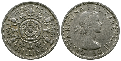 Великобритания 2 шиллинга (флорин) 1957 Елизавета II (1952-2022) KM 906, Spink 4146 медно-никель 4382-122