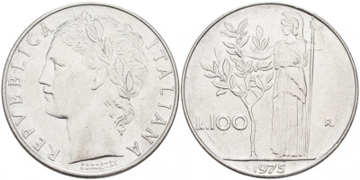 ИТАЛИЯ 100 ЛИР 1975 R, АФИНА KM 96.1 нержавеющая сталь 3855-816