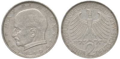 ФРГ 2 марки 1958 F, Макс Планк KM 116, J. 392 медно-никель плакированный никелем 4137-1015
