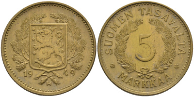 Финляндия 5 марок 1949 H КМ 31a латунь    4177-322