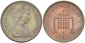 Великобритания 1 пенни 1974 Елизавета II (1952-2022) KM 915, Spink 4237 (B1) бронза 4594-112