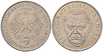 ФРГ 2 марки 1988 D, Людвиг Эрхард, 40 лет Федеративной Республике KM 170 медно-никель 4572-1142