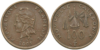 Французская Новая Каледония 100 франков 2001 хижина среди сосен и пальм, (IEOM) KM 15, Schoen 16, Lec 139e никель бронза 97-1025