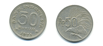 Индонезия 50 рупий 1971 райская птица KM 35 медно-никель 76-926