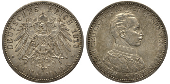 Пруссия 5 марок 1913 Вильгельм II в мундире KM 536, J.114 серебро 3711-413