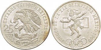 Мексика 25 песо 1968 XIX летние Олимпийские игры в Мехико 1968 года, игра в мяч, тип 1 KM 479.1 серебро UNC 4537-724