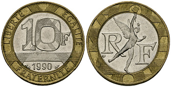 Франция 10 франков 1990 тип Гений Бастилии KM 964.1, Le Frank 375.5 биметалл 4135-542