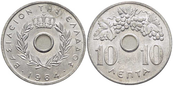 ГРЕЦИЯ 10 ЛЕПТА 1964 ПАВЕЛ I (1947-1964), ВИНОГРАДНАЯ ГРОЗДЬ KM 78 алюминий UNC 24-1252