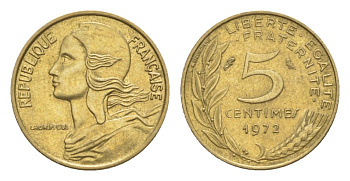 Франция 5 сантимов 1972 тип Morlon KM 933, Le Franc 125.8 алюминиевая бронза 4630-325