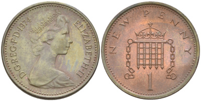 Великобритания 1 пенни 1974 Елизавета II (1952-2022) KM 915, Spink 4237 (B1) бронза 4594-112