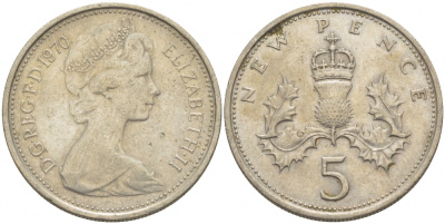Великобритания 5 пенсов 1970 Елизавета II (1952-2022) KM 911, Spink 4233 (D1) медно-никель 77-211