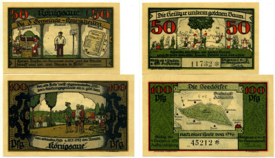 КЁНИГЗАУЕ (KONIGSAUE) лот из 2 БАНКНОТ 1921 10 ИЮНЯ 1921, НОТГЕЛЬД (50 И 100 пфеннигов), ЗЕМЛЯ Grabowski 721.1а бумага 2195-7-1-1