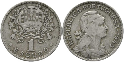ПОРТУГАЛИЯ 1 ЭСКУДО 1945 ГОЛОВА СВОБОДЫ ВПРАВО КМ 578 медно-никель 202-346