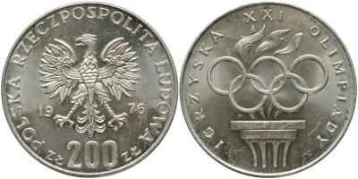 Польша 200 злотых 1976 MW, XXI олимпийские игры 1976 года в Монреале, кольца KM 86, Parchimowicz 306а серебро UNC 441-1045