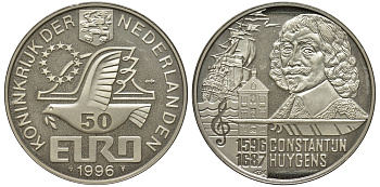 Нидерланды 50 евро 1996 Константейн Хёйгенс (1596-1687)  серебро PROOF 443-633