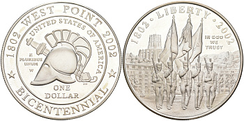 США 1 доллар 2002 W, 200 лет военной академии в Вест Поинте, в оригинальной коробке, сертификат KM 338 серебро PROOF 00-00