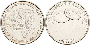 Камерун 7500 франков 2006 свадьба X 31 латунь плакированная серебром UNC 3711-533