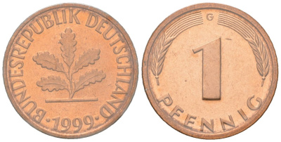 Германия 1 пфенниг 1999 G, в запайке KM 105 сталь плакированная медью BU 4617-949