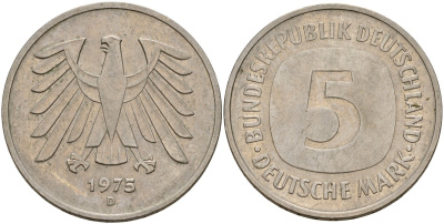ФРГ 5 марок 1975 D, монетный двор Мюнхен КМ 140.1, J. 415 медно-никель плакированный никелем 4157-231