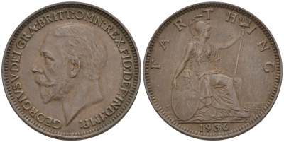 Великобритания 1 фартинг 1936 Георг V (1910-1936) KM 825, Spink 4061 бронза 4115-154