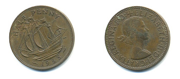 Великобритания 1/2 пенни 1955 Елизавета II (1952-2022) KM 896, Spink 4158 бронза 59-1045