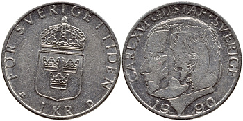 Швеция 1 крона 1990 Карл XVI Густав (1973- ) KM 852a медно-никель 4388-132