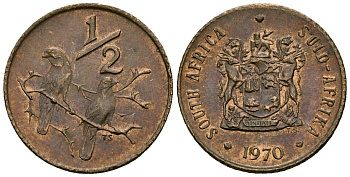 ЮАР 1/2 цента 1970 два капских воробья на ветке KM 81 бронза 4136-844