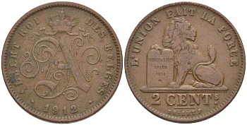 БЕЛЬГИЯ 2 САНТИМА 1912 BELGES KM 64 медь 4546-117